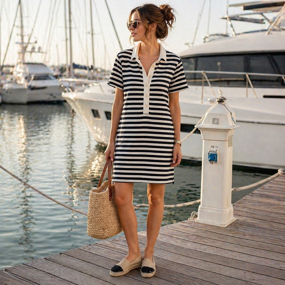 Universal Thread Striped Polo Dress Size L Blue Nautical Prepy Cotton Knit